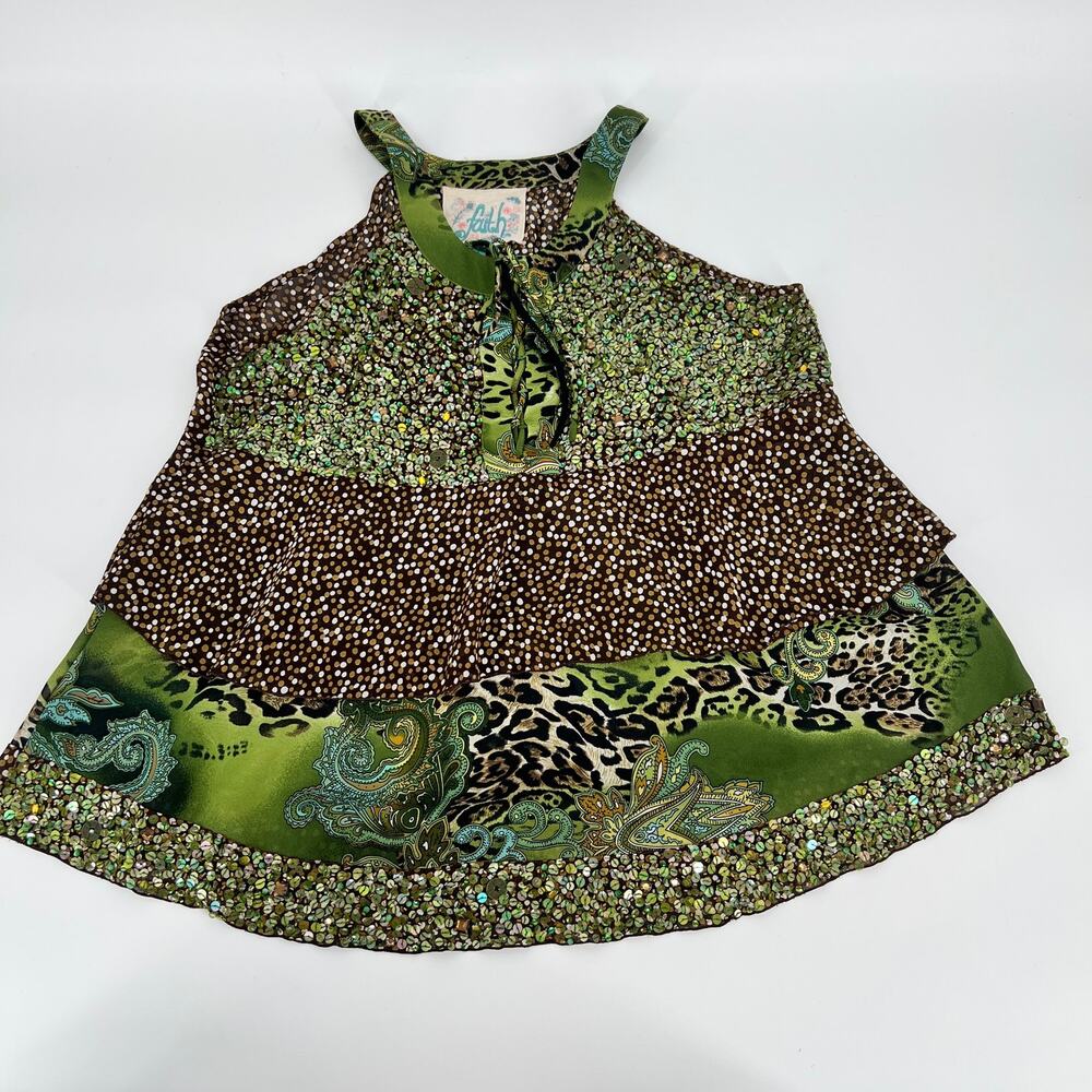 Vtg Faith Sequin Halter Cami Tank Top Women Large Mixed Animal Print Green Brown - Picture 3 of 11